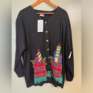 Focus Womens Black Cotton Bland Embroidered Sequined  Christmas Cardigan XL NWT